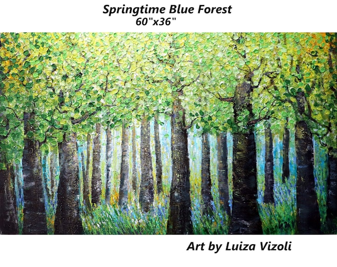 Springtime Blue  Forest Large Painting Tall Trees Landscape with blue flowers, forget me not, lupine, wildflowers, spring blossom