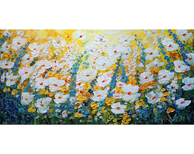 WHITE BLOSSOM SOLD Original Oil Painting Forget me Not Daisy Blue Green Yellow Floral Impasto