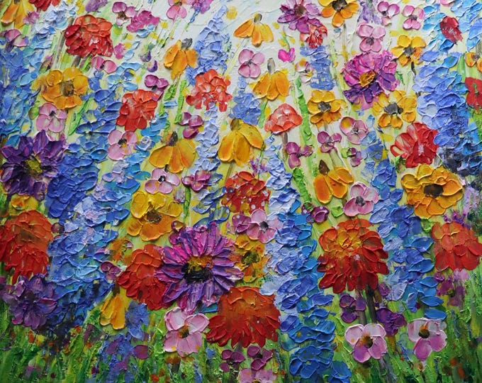 Flowers Original Painting, Texas Wildflowers Spring Painting  , Lupine, Poppies, Coneflowers Black-Eyed Susan, Art by Luiza Vizoli
