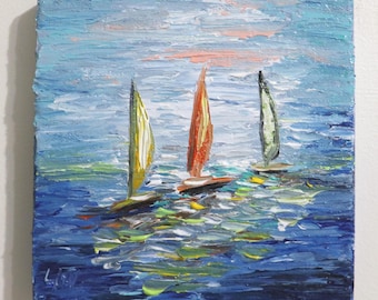 Sailboats Painting, 6x6 Original Coastal Seascape