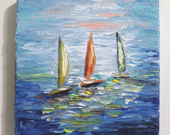 Sailboats Painting, 6x6 Original Coastal Seascape