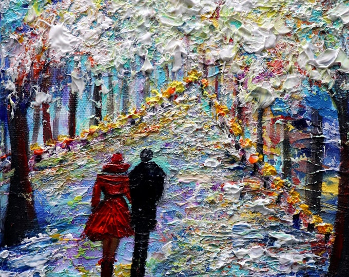 Winter Romance Baby It's Cold Outside Original Oil painting on Square Canvas Ready to Ship