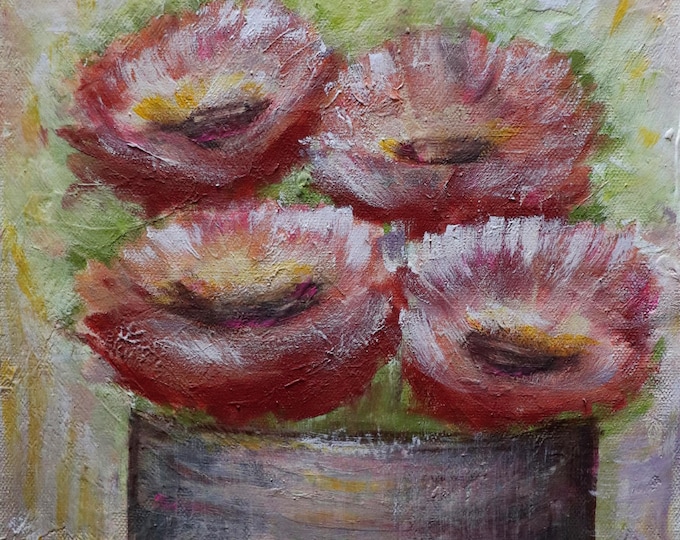 Original Crimson Terracotta Floral Painting, Textured Impasto Flowers in Vase, Earth Tone Rustic Decor