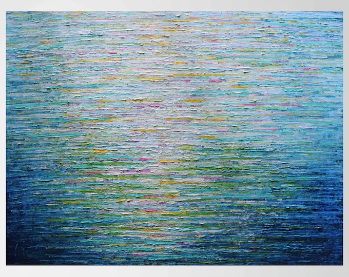 Original Textured Acrylic Painting, Soft Blue Pink Yellow Green Sky Reflections 48x36