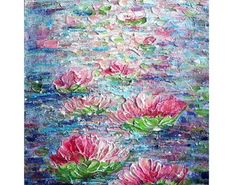 Pink Water Lilies Homage to Monet Original Oil Painting Abstract Modern Textured