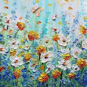 Summer Colors Daisy Wildflowers and Butterflies Impasto Oil Original Painting Art by Luiza Vizoli image 2