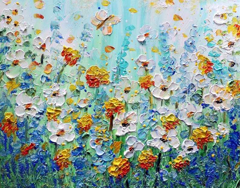 Summer Colors Daisy Wildflowers and Butterflies Impasto Oil Original Painting Art by Luiza Vizoli image 2