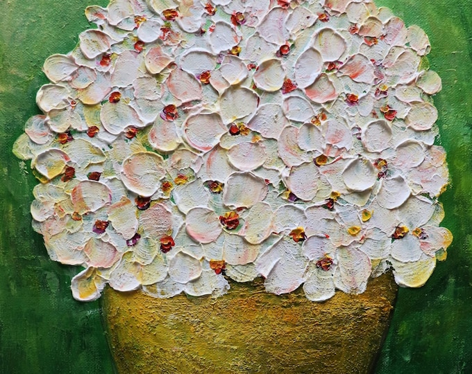 Original White Floral Painting 12x12, Golden Pot Blooms, Textured Flower Bouquet, Rustic Yellow Vase Wall Art