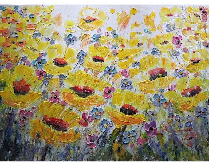 Sunny Flowers Field in BLOOM Yellow Purple Pink Lavender Gray Large Original Painting