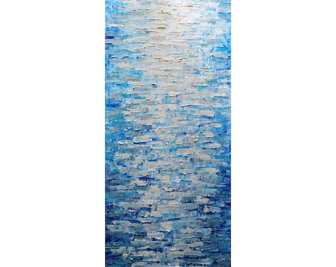 Misty Water Abstract Impasto Painting Original Large Canvas White Cream Beige Blue Aqua Gray Neutral Tones ,Neutrals Colors Vertical Artwork