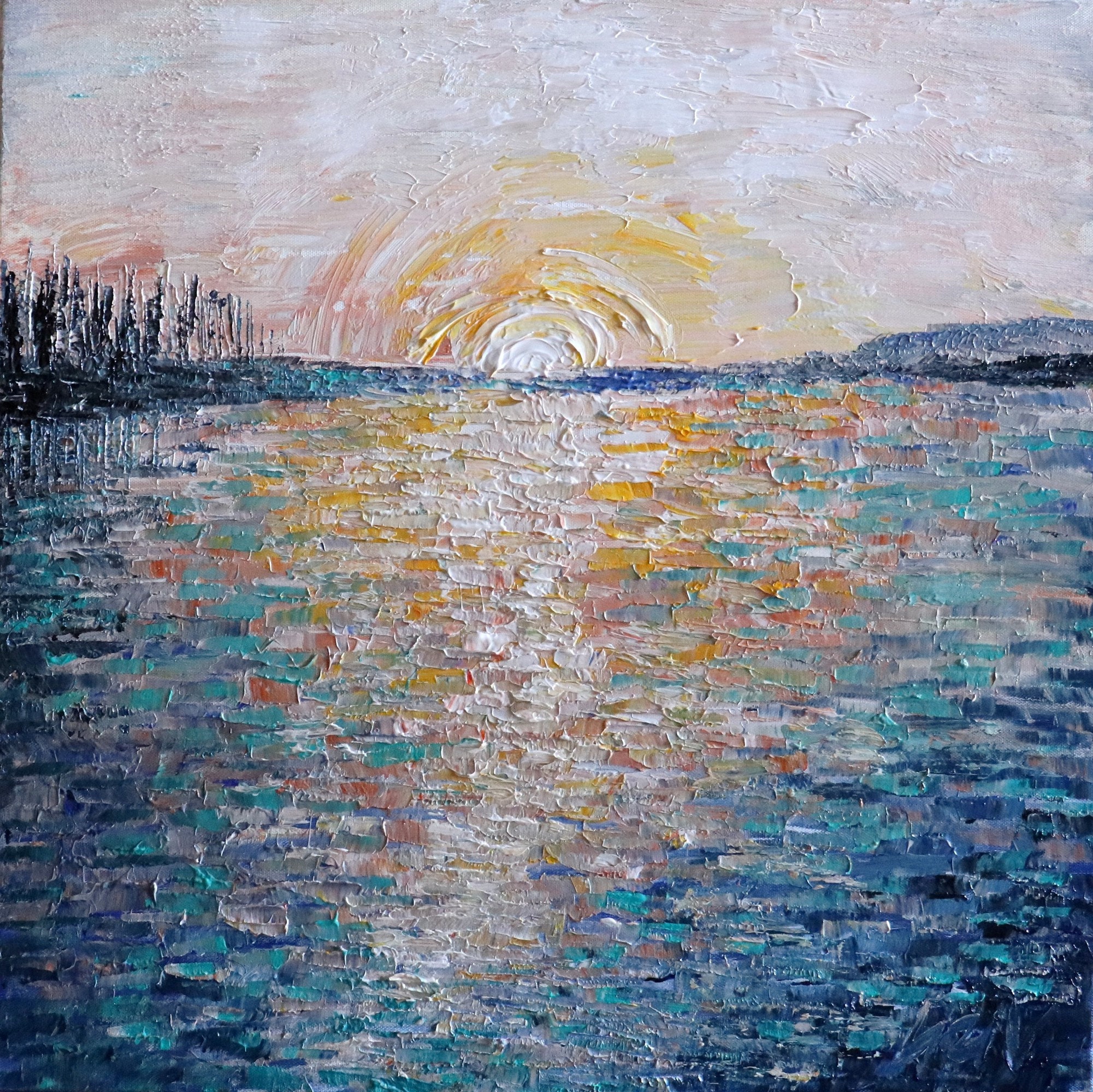 SUNRISE Abstract Original Painting Lake Ocean Seashore Seacoast