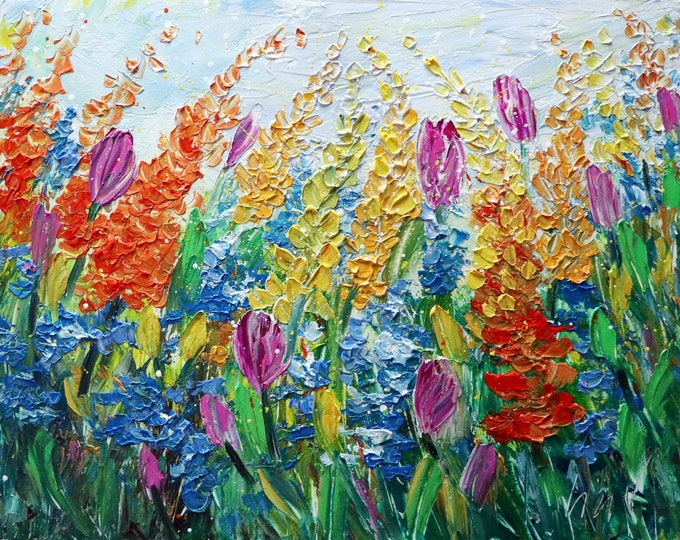 Tulips Spring Flowers in Bloom Original Painting Oil Impasto Colorful Painting Art by Luiza Vizoli