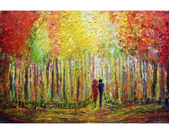 Autumn Stroll Original Oil Painting of a Colorful Fall Season Landscape with Textured Impasto Trees and a Couple Walking in the Park