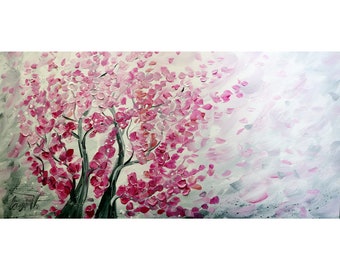 Sakura Blossom Original Painting Abstract Pink White Gray Trees Large Canvas Wall Art for Home Decor