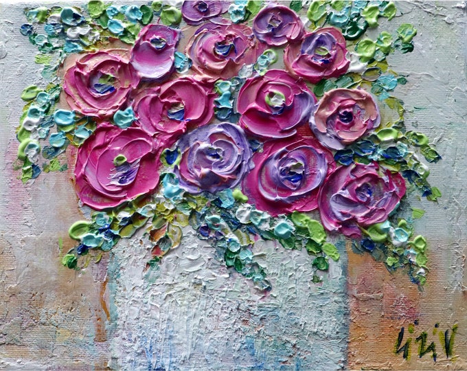 Original Ranunculus Flowers Pink Lavender Purple Fuchsia Colors Impasto Oil Canvas Art by Luiza Vizoli