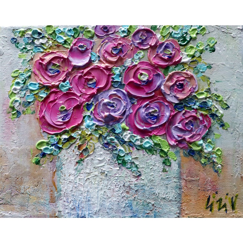 Original Ranunculus Flowers Pink Lavender Purple Fuchsia Colors Impasto Oil Canvas Art by Luiza Vizoli image 1