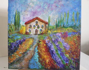Oil Painting, Italy spring landscape with house, lavender fields, poppies 10x10