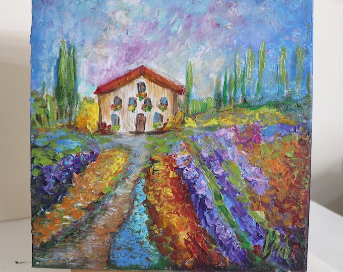 Oil Painting, Italy spring landscape with house, lavender fields, poppies 10x10
