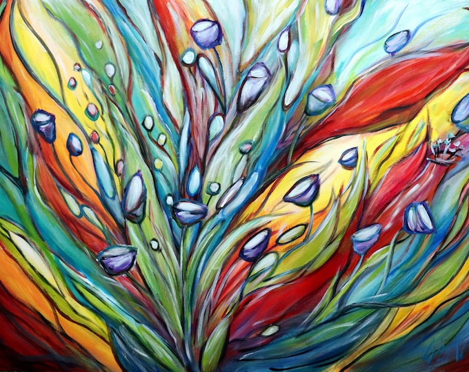 Rainbow Tropical Leaves and Flowers Original Painting on Canvas, Whimsical Colorful Art by Luiza Vizoli, Large 40x30, Ready to Hang