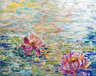 Lotus Artwork, Water Lilies Large Abstract Oil Painting, Modern Wall Decor, Made to Order, Lake and Pond Art by Luiza Vizoli