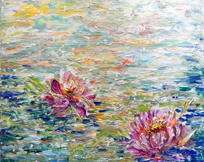 Lotus Artwork, Water Lilies Large Abstract Oil Painting, Modern Wall Decor, Made to Order, Lake and Pond Art by Luiza Vizoli