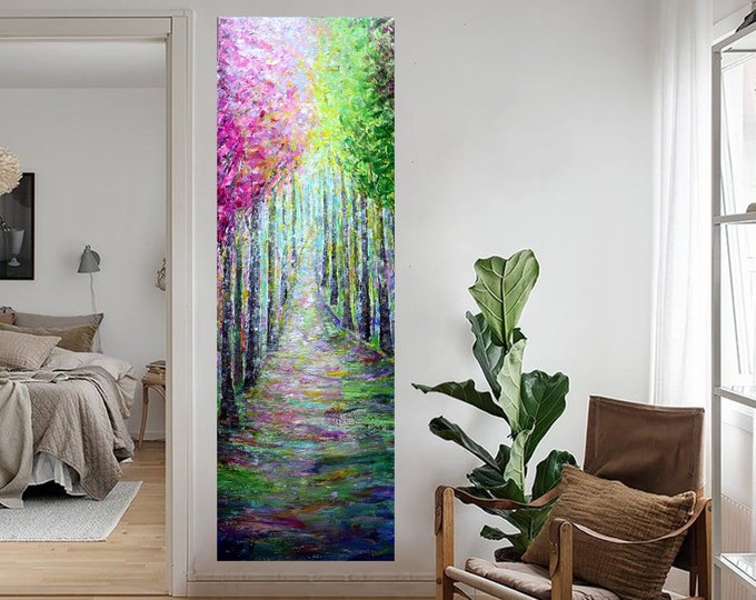 Impressionist Lilac Forest Painting: Original Oil & Acrylic on Canvas (16x48)
