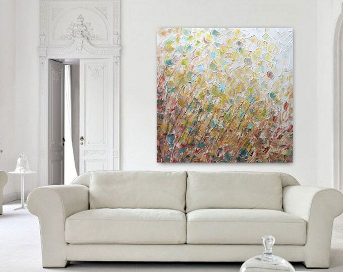 Large Square Abstract Painting: Textured Impasto Petals Wall Art