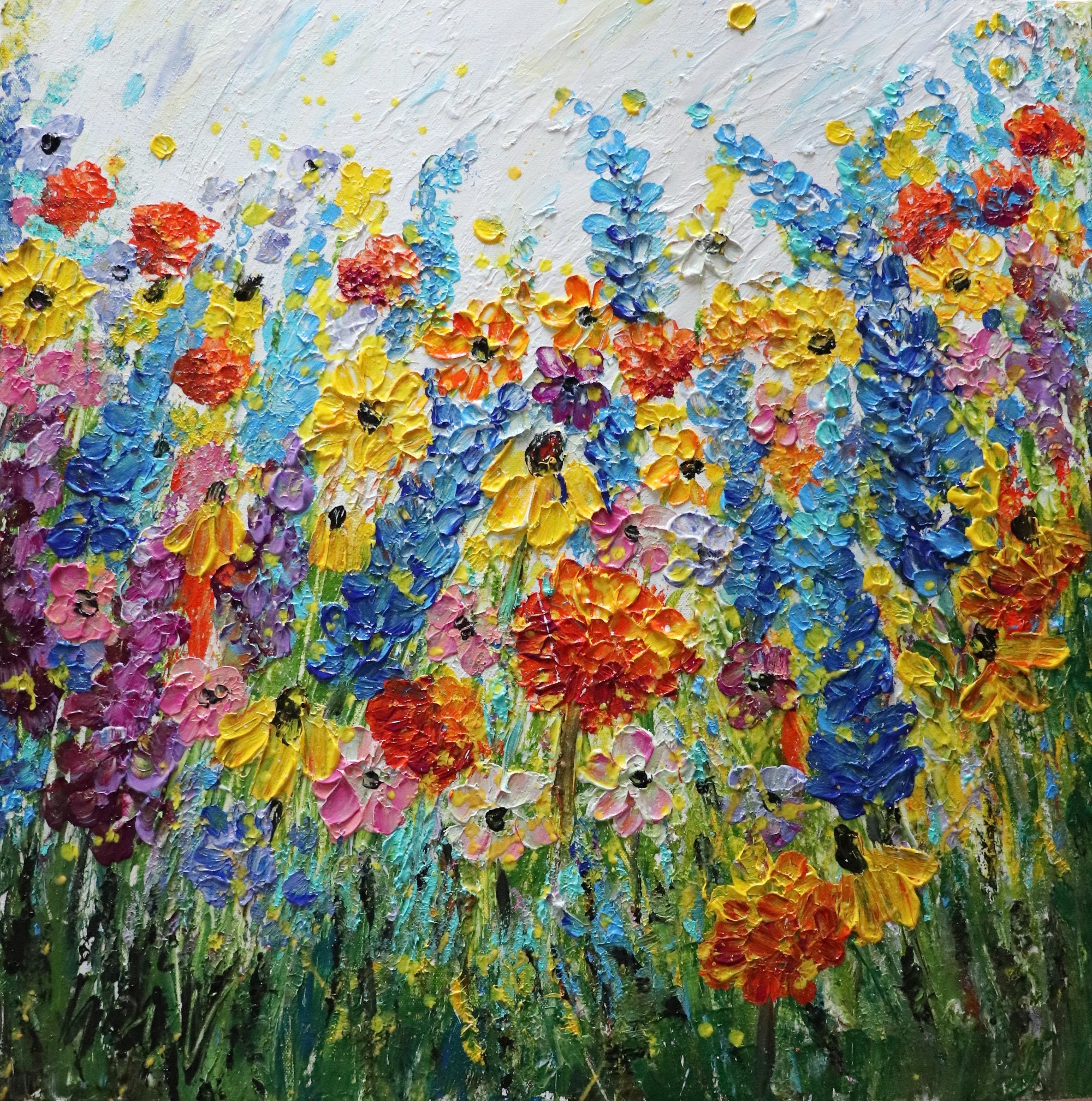 Original Oil Painting on Small Canvas, SPRING Petunia FLOWERS in White,  Yellow, Purple Colors, Art by Luiza Vizoli