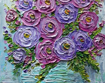 Original Ranunculus Flowers Pink Lavender Purple Fuchsia Colors Impasto Oil Canvas Art by Luiza Vizoli