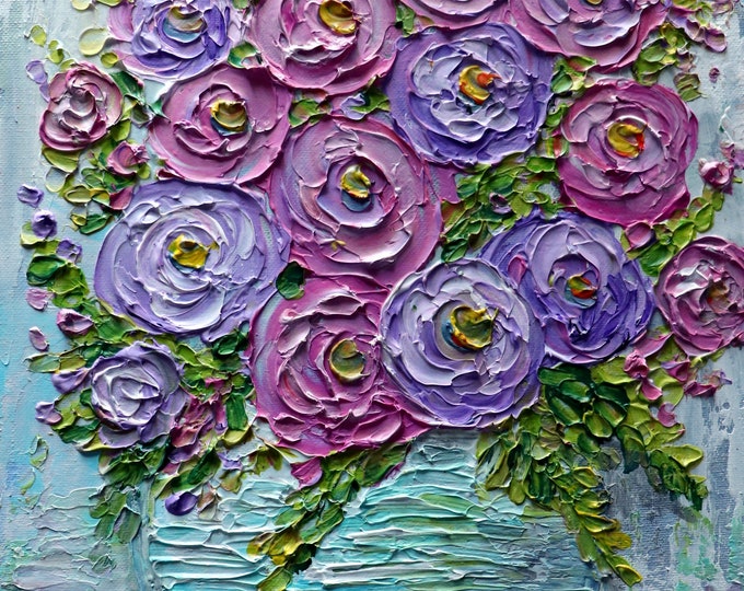 Original Ranunculus Flowers Pink Lavender Purple Fuchsia Colors Impasto Oil Canvas Art by Luiza Vizoli