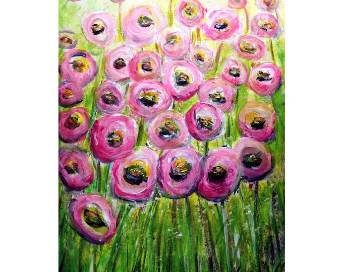 Pink Wild Flowers: Contemporary Bohemian Floral Original Painting Folk Art Luiza Vizoli