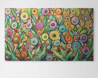 Large Colorful Flowers Painting – Boho Eclectic Art, Dreaming in Rainbow Colors