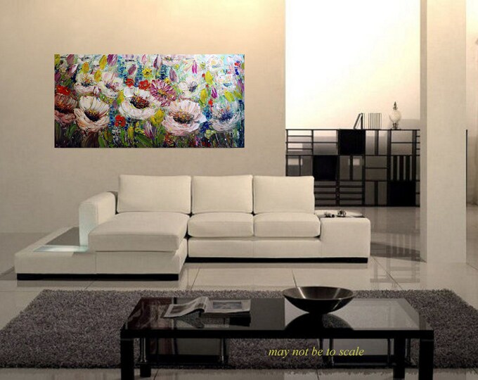 Large Impasto Wildflower Painting, Colorful Floral Art