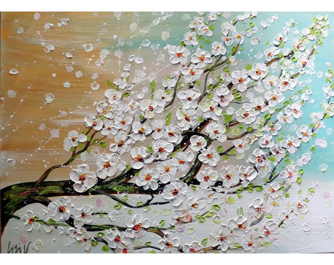 White Delicate Blossom of Cherry Trees in light aqua blue, cream, soft tones of white, tan and citron greens