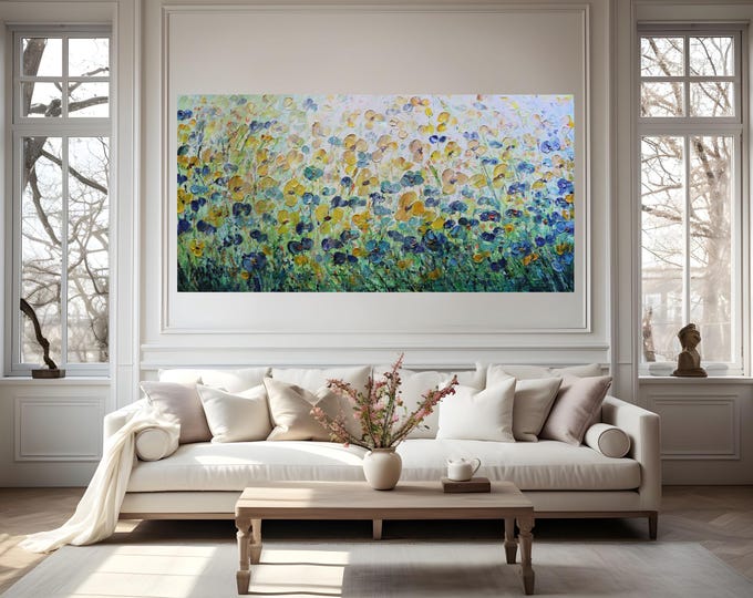 Large Wildflower Meadow Painting, Textured Floral Wall Art, Colorful Daisy Field, Impressionist Garden Canvas