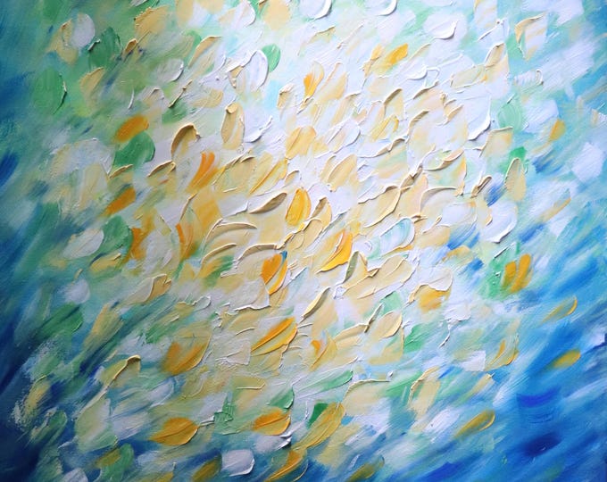 Blue Green Abstract Painting, Original Textured Impasto Art, Large Square Wall Art