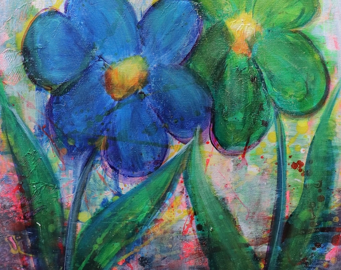 Original 16x20 Canvas Painting: Abstract Blue Green Flowers with Yellow Centers