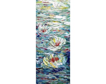 Water Lilies Tall Vertical Wall ART ORIGINAL PAINTING canvas Abstract, Long Narrow Tropical Beach decor for bathroom, kitchen, entryway