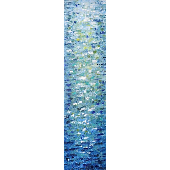 Original Abstract Blue Water Reflection Painting: Long Vertical Canvas Art