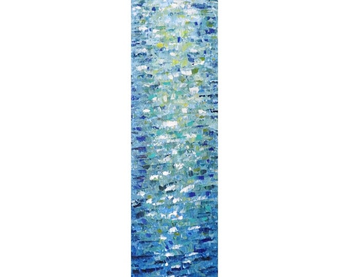 Tall vertical BLUE Water Reflections wall art ORIGINAL PAINTING canvas , Long Narrow wall decor for staircase, bathroom, kitchen, entryway