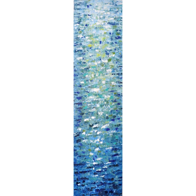 May include: Abstract painting of a blue and green water scene with white highlights. The painting is done in a textured style, with thick layers of paint.