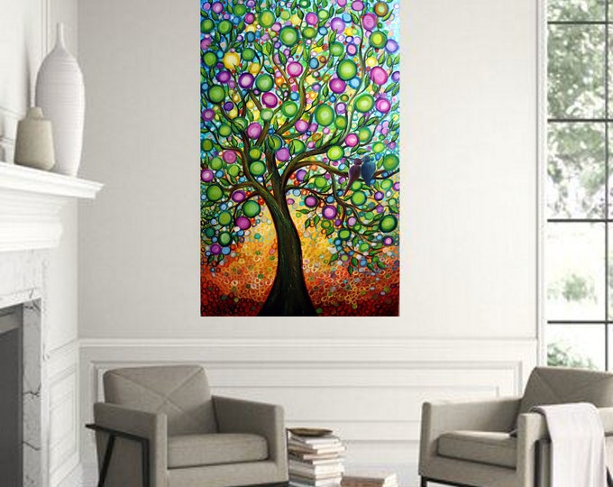 HUGE Vertical Painting LOVE Birds Friendship OLIVE Tree Original powerful meaning art for office, spa retreat art