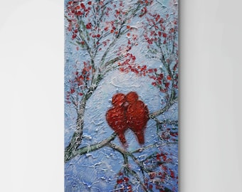 Textured Oil on Canvas: Palette Knife Red Birds, 10x20 Vertical