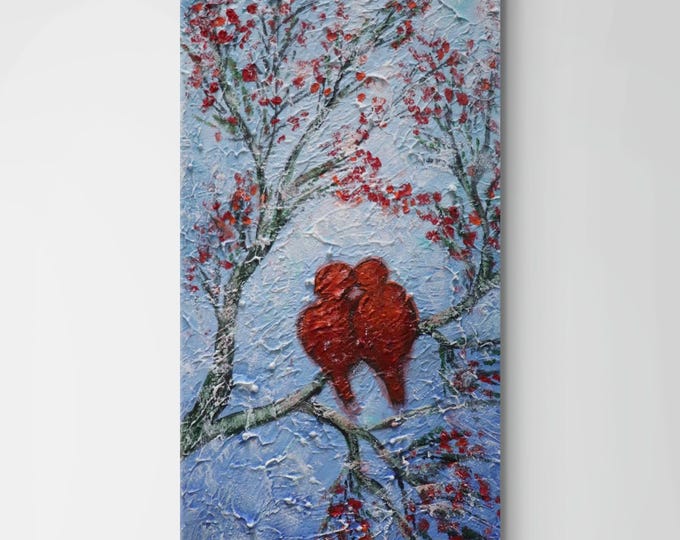 Textured Oil on Canvas: Palette Knife Red Birds, 10x20 Vertical