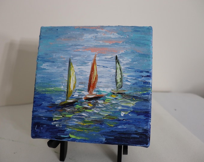 Sailboats Painting, 6x6 Original Coastal Seascape