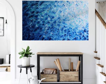 Extra Large Blue Abstract Painting 60x36 Original Ocean Deep Water Sky Modern Wall Art