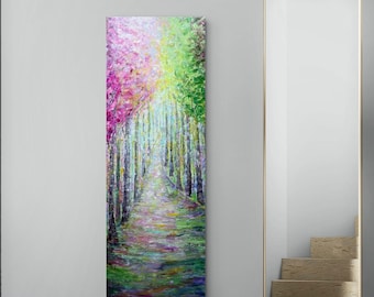 Original Forest Path Painting, 16x48 Colorful Textured Vertical Canvas