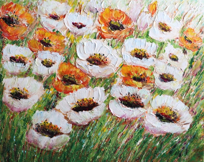 White Orange Poppies, Textured Flowers Painting 30x24