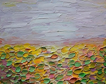 Abstract Landscape Painting – Summer Lavender Sky and Blooming Fields Textured Artwork