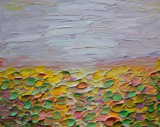 Abstract Landscape Painting – Summer Lavender Sky and Blooming Fields Textured Artwork